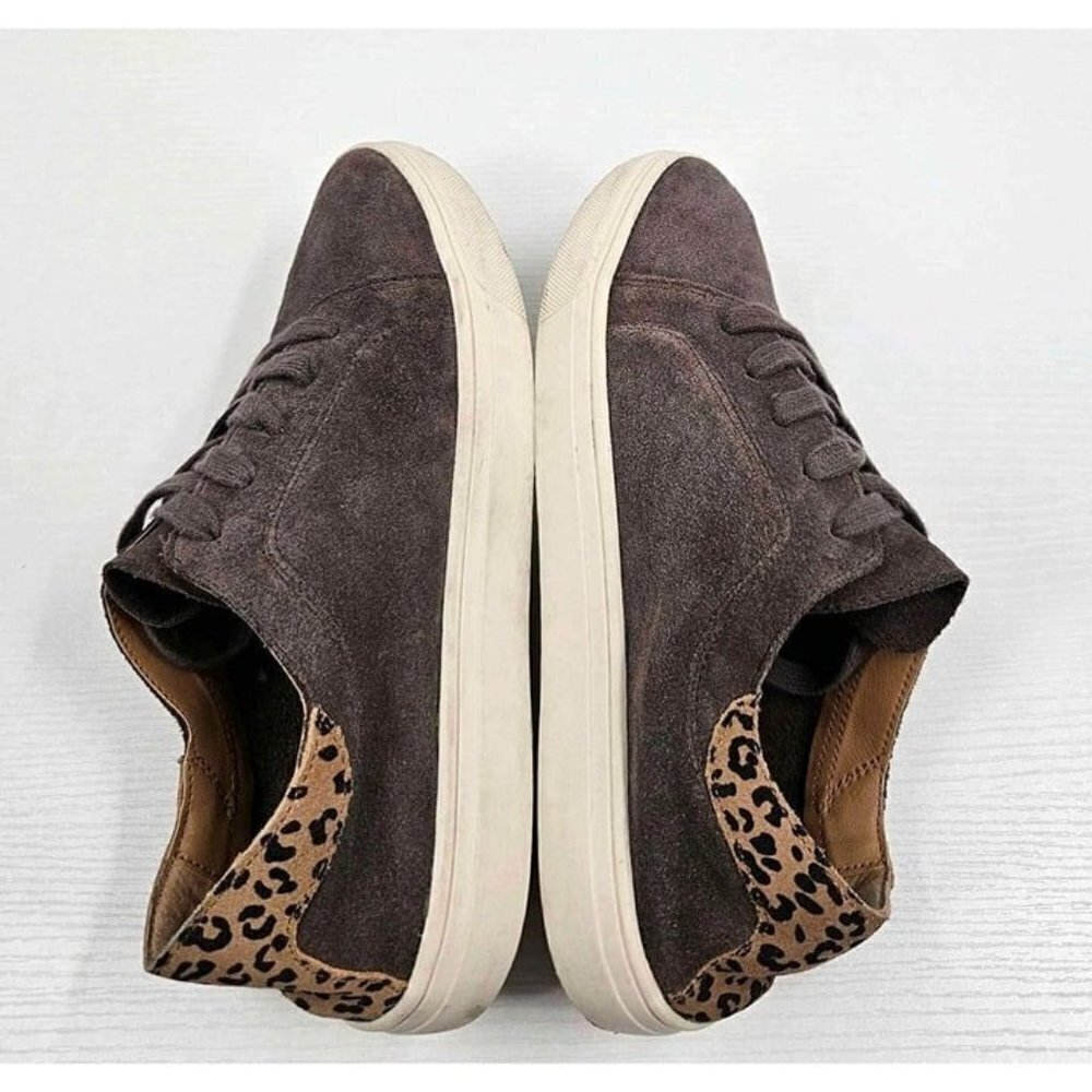 Lucky Brand Loucia Womens Gray Suede Leather Leopard Trim Sneakers Sz 7.5